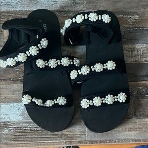 Black Sandals with Pearl Embellishments
